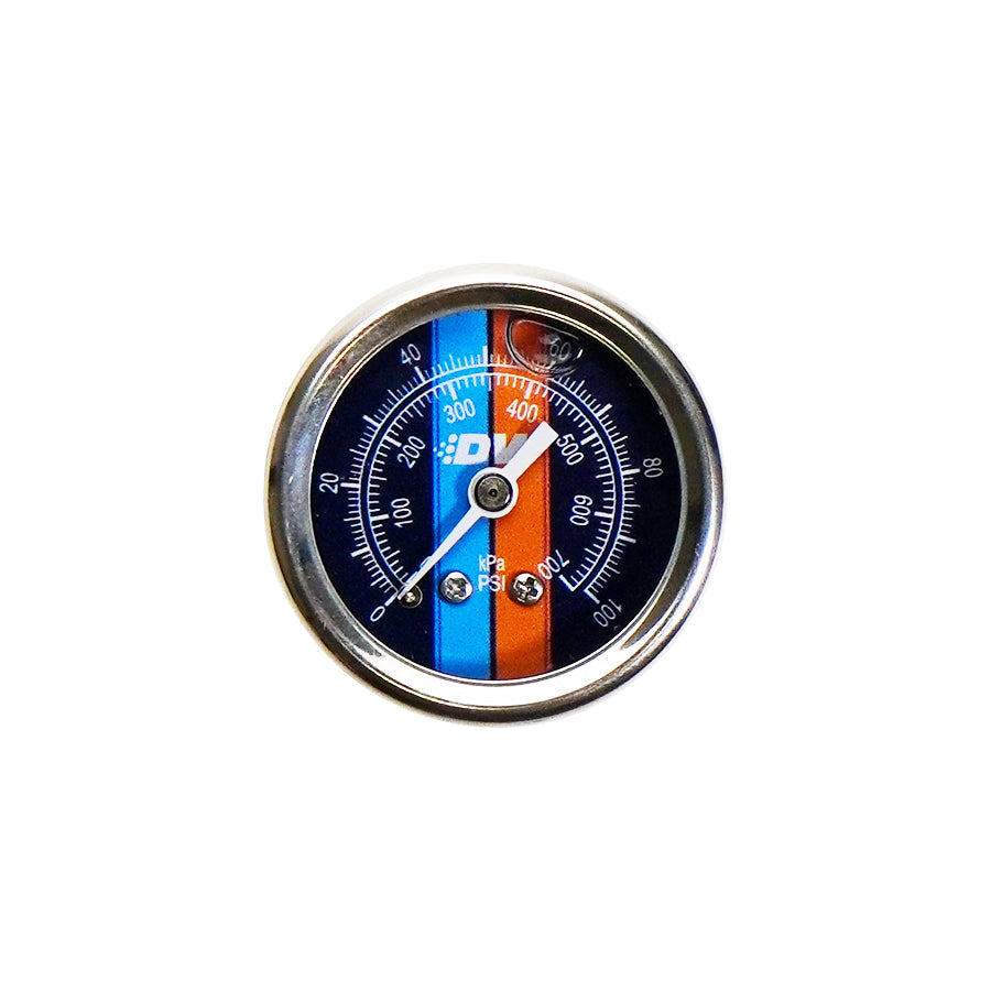 Mechanical Fuel Pressure Gauge. 1/8 NPT.  0-100 PSI. 1.5 in Diameter, Black Housing, Liquid Filled, Blue Face