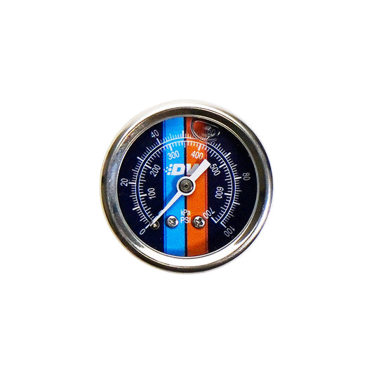 Mechanical Fuel Pressure Gauge. 1/8 NPT.  0-100 PSI. 1.5 in Diameter, Black Housing, Liquid Filled, Blue Face