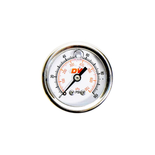 Mechanical Fuel Pressure Gauge. 1/8 NPT. 0-100 PSI. 1.5 in Diameter, Brushed Housing, Liquid Filled, White Face
