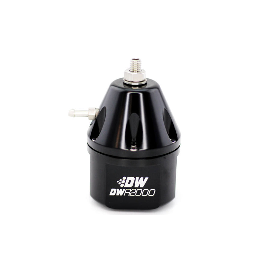 DWR2000 adjustable fuel pressure regulator, anodized black. Dual -10AN inlet and -8AN outlet. Universal fitment