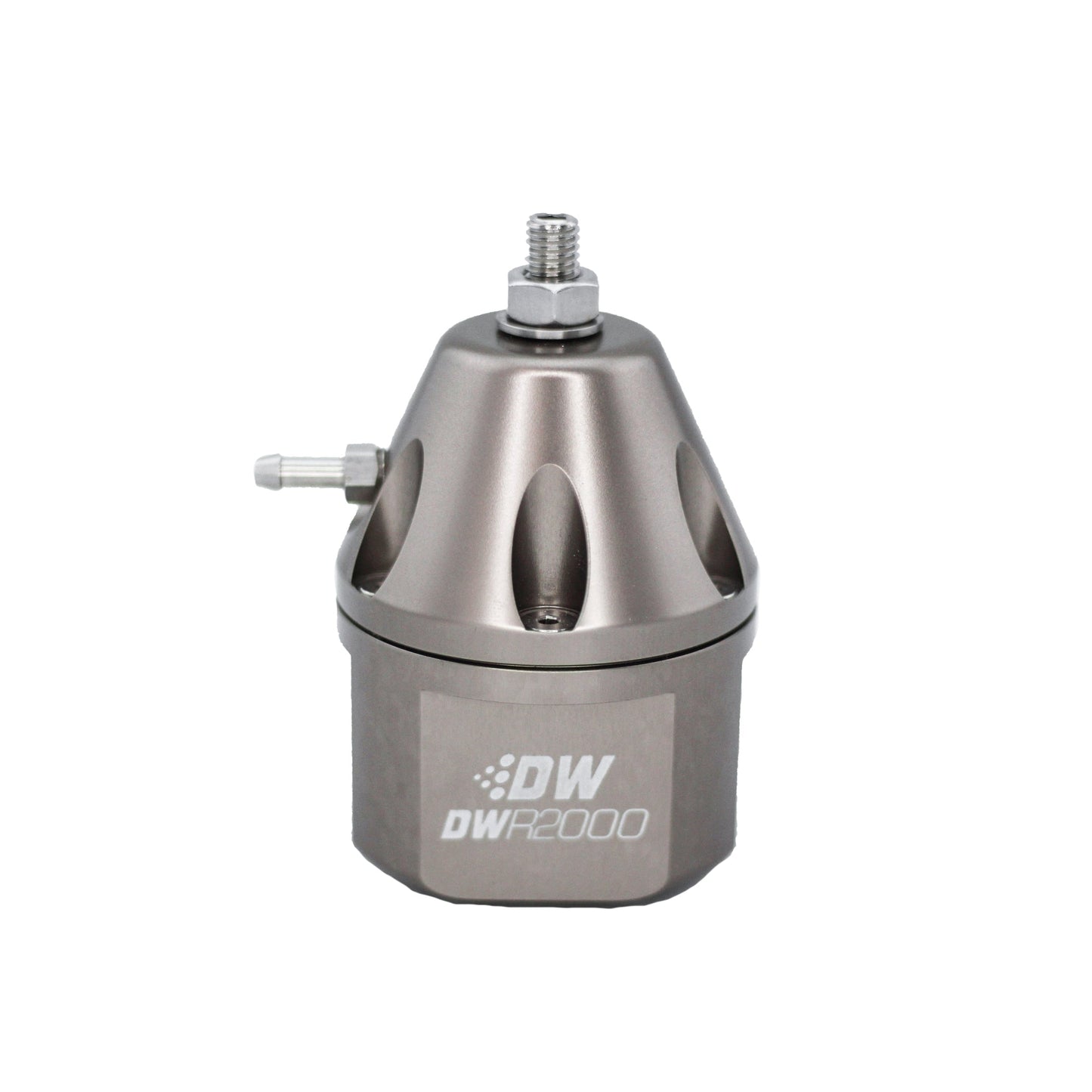 DWR2000 adjustable fuel pressure regulator, anodized titanium. Dual -10AN inlet and -8AN outlet. Universal fitment