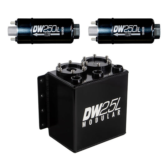 2.5L modular surge tank, universal. Includes 2 250iL In-line Fuel Pump