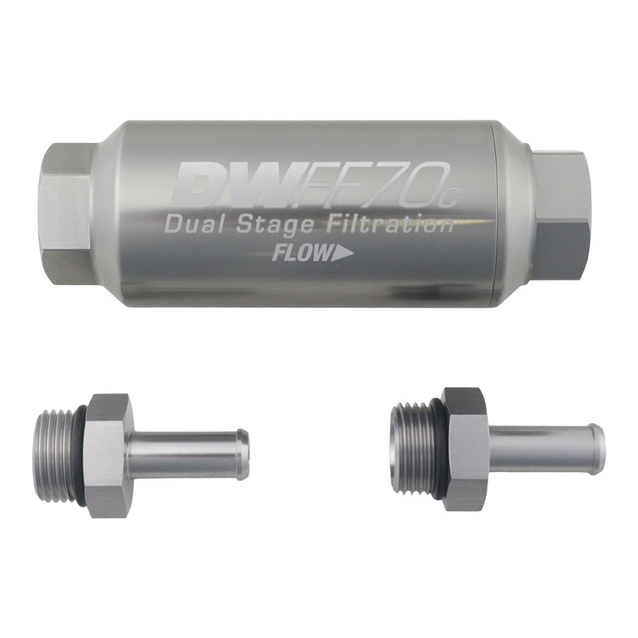 Compact in-line fuel filter element and housing kit, stainless steel 10 micron, -6AN, 70mm. Universal