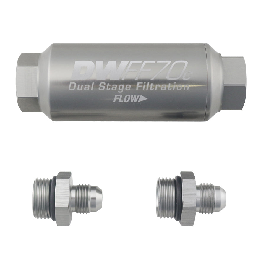 Compact in-line fuel filter element and housing kit, stainless steel 10 micron, 5/16in hose barb, 70mm. Universal