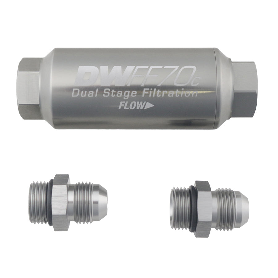 Compact in-line fuel filter element and housing kit, stainless steel 10 micron, 3/8in hose barb, 70mm. Universal
