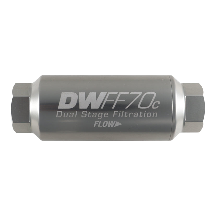 Compact in-line fuel filter element and housing kit, stainless steel 10 micron, -10AN, 70mm. Universal