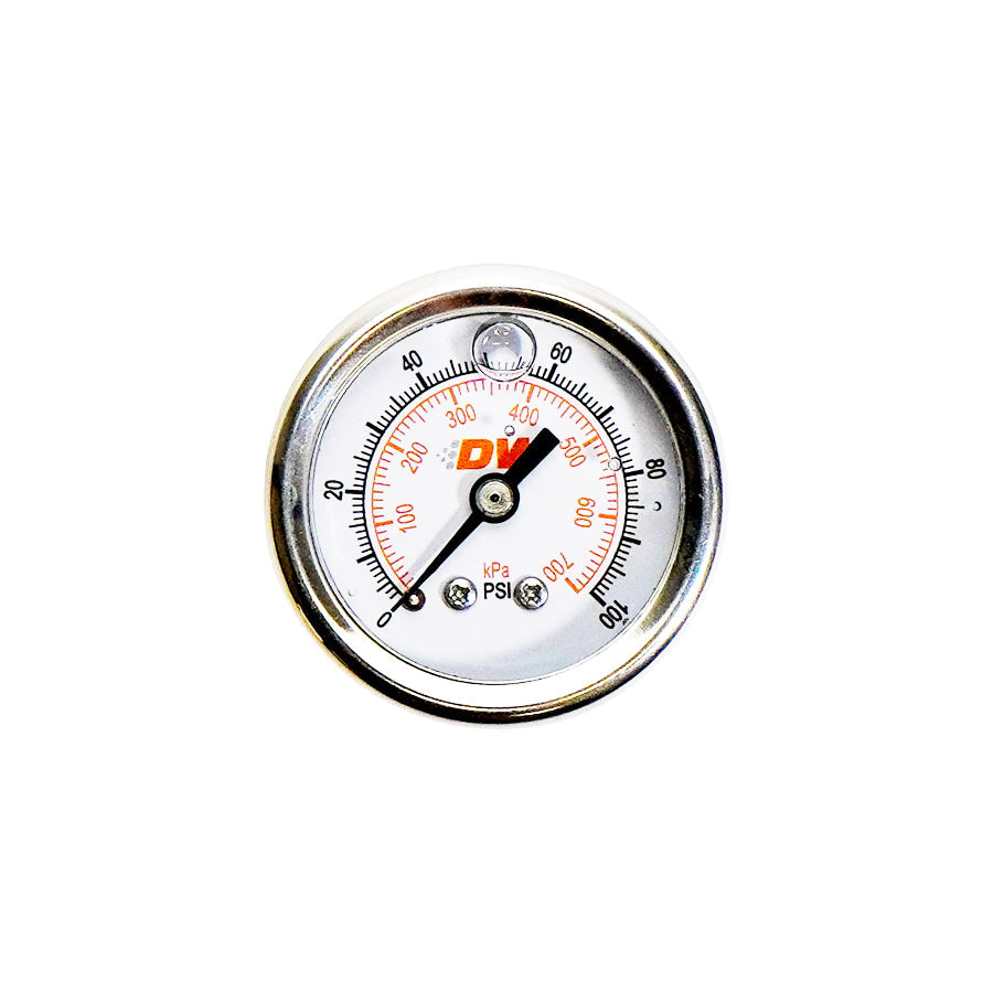 Mechanical Fuel Pressure Gauge. 1/8 NPT.  0-100 PSI. 1.5 in Diameter, Brushed Housing, Liquid Filled, White Face