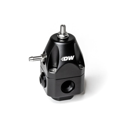 DWR1000c adjustable fuel pressure regulator, anodized black. Dual -6AN inlet and -6AN outlet. Universal fitment