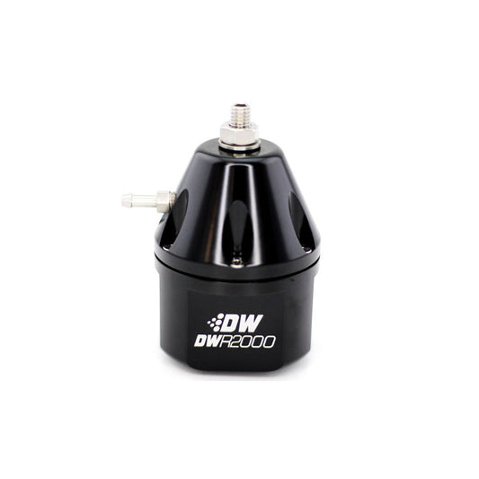 DWR2000 adjustable fuel pressure regulator, anodized black. Dual -10AN inlet and -8AN outlet. Universal fitment