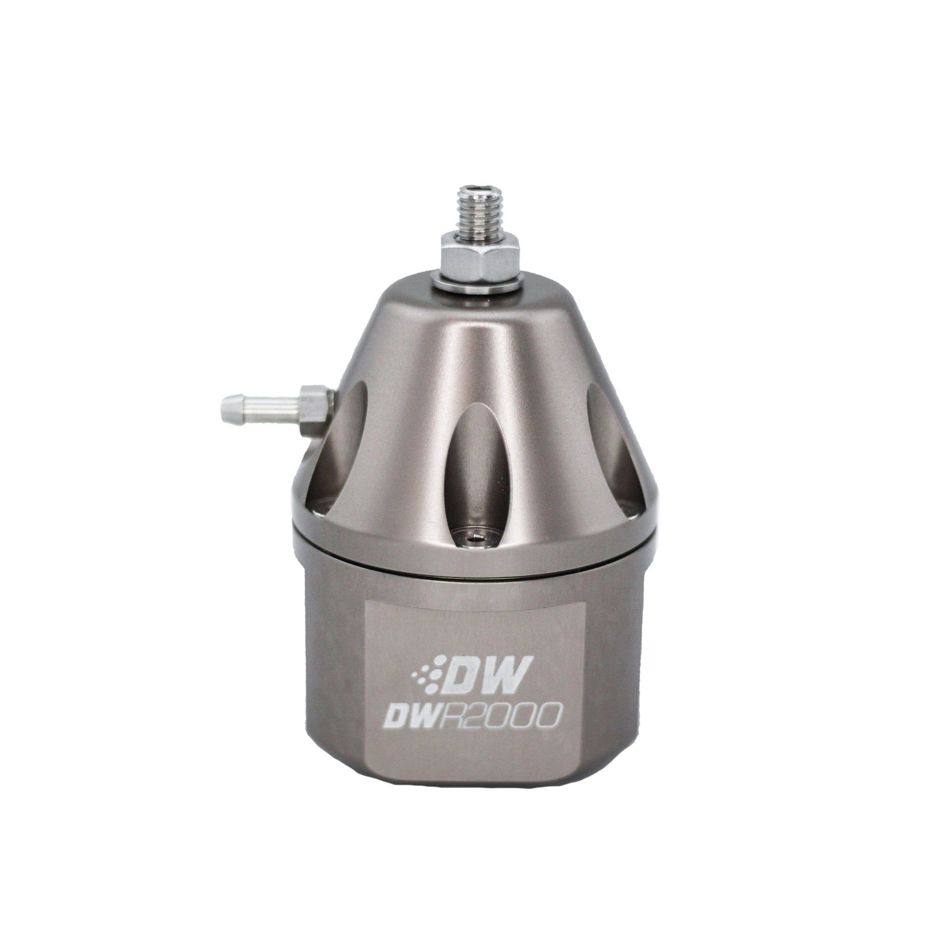 DWR2000 adjustable fuel pressure regulator, anodized titanium. Dual -10AN inlet and -8AN outlet. Universal fitment