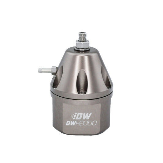 DWR2000 adjustable fuel pressure regulator, anodized titanium. Dual -10AN inlet and -8AN outlet. Universal fitment