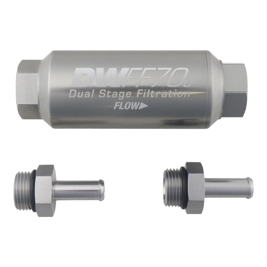 Compact in-line fuel filter element and housing kit, stainless steel 10 micron, -6AN, 70mm. Universal
