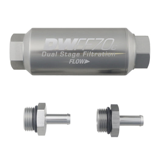 Compact in-line fuel filter element and housing kit, stainless steel 10 micron, -8AN, 70mm. Universal