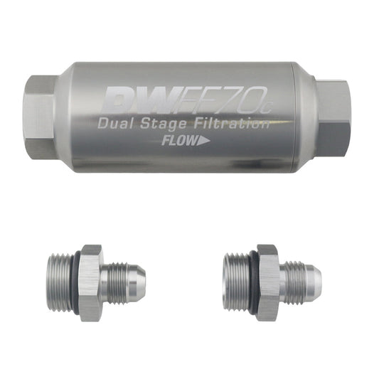 Compact in-line fuel filter element and housing kit, stainless steel 10 micron, 5/16in hose barb, 70mm. Universal