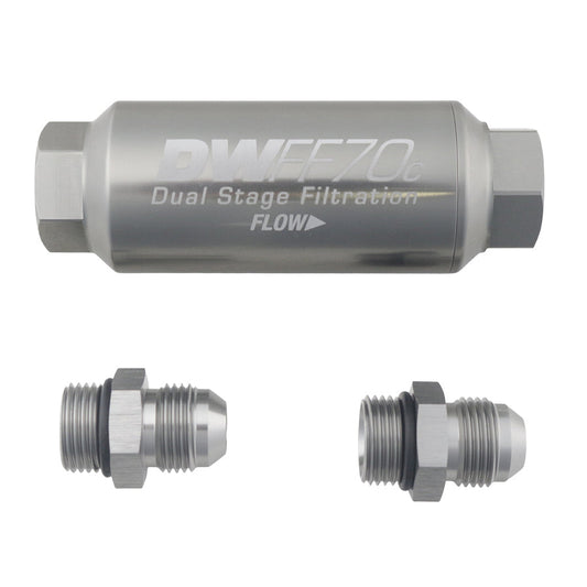 Compact in-line fuel filter element and housing kit, stainless steel 10 micron, 3/8in hose barb, 70mm. Universal